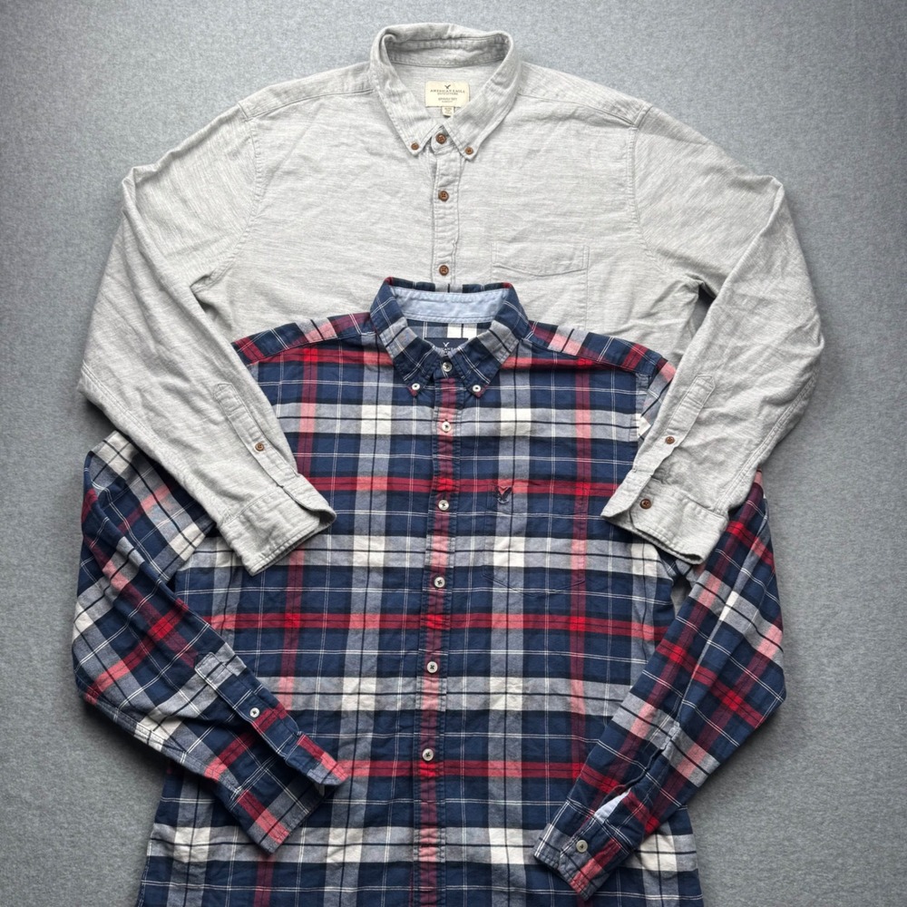 2pc American Eagle Mens Flannel Shirts XL Gray Seriously Soft Navy Red Plaid